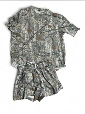 Unbranded Women's Grey Camouflage Lounge Set - Short Sleeve Top & Shorts